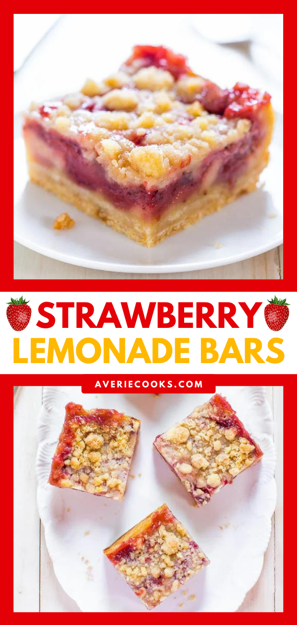 Lemon Strawberry Bars — Imagine crossing lemon bars with a strawberry pie. These easy bars taste like strawberry lemonade! Sooo good!