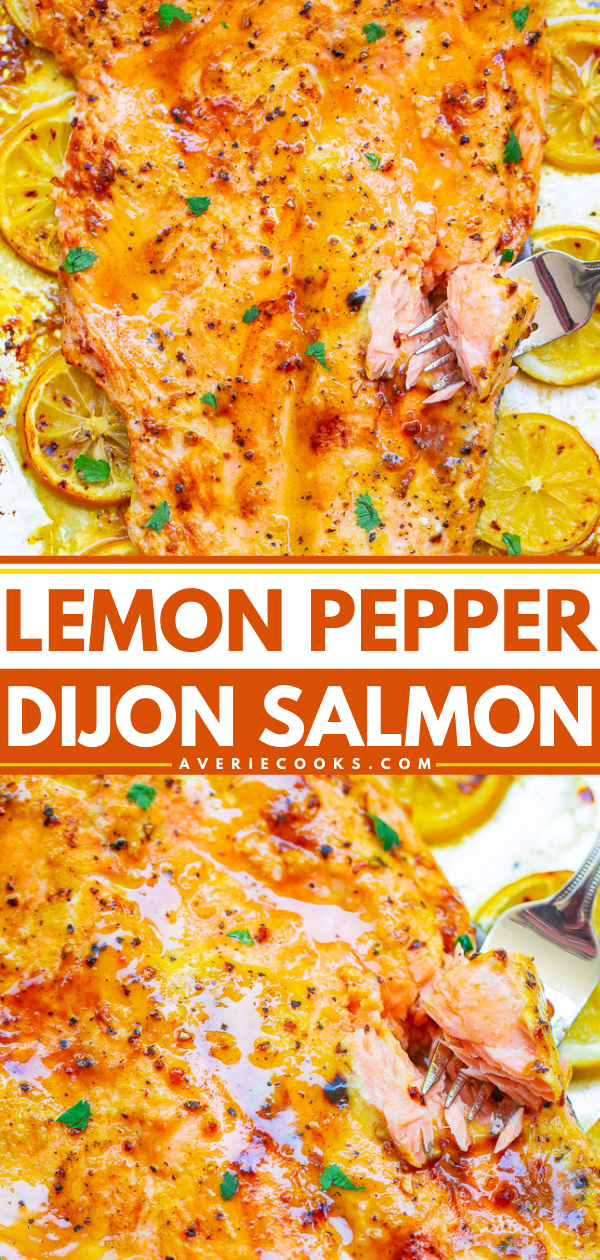 Baked Lemon Pepper Salmon — Juicy baked salmon at home in 20 minutes that’s so EASY and tastes BETTER than from a fancy restaurant!! The lemons, lemon pepper, and Dijon add so much rich FLAVOR to this FOOLPROOF sheet pan salmon!!