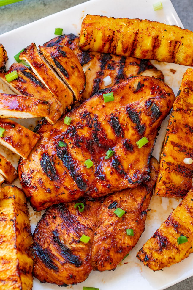 Grilled Aloha Chicken and Pineapple - Transports you to Hawaii with every bite of this tender, juicy chicken and the grilled pineapple seals the deal!! EASY, HEALTHY, ready in 10 minutes, and perfect for summer parties, barbecues, and casual weeknight dinners!!