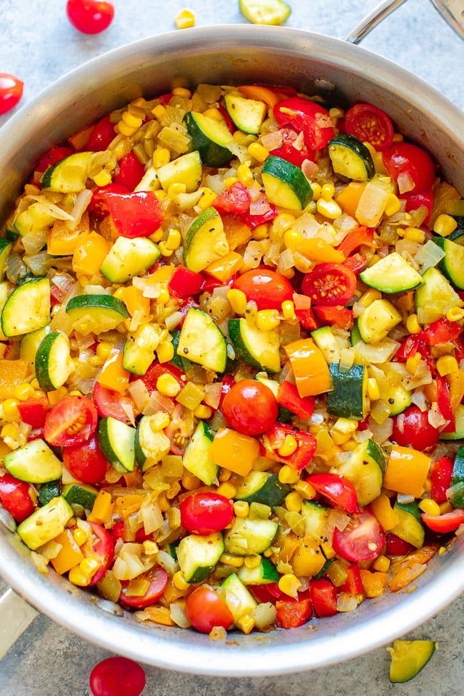 Overhead of Skillet Zucchini, Corn, and Peppers (Calabacitas) in pan