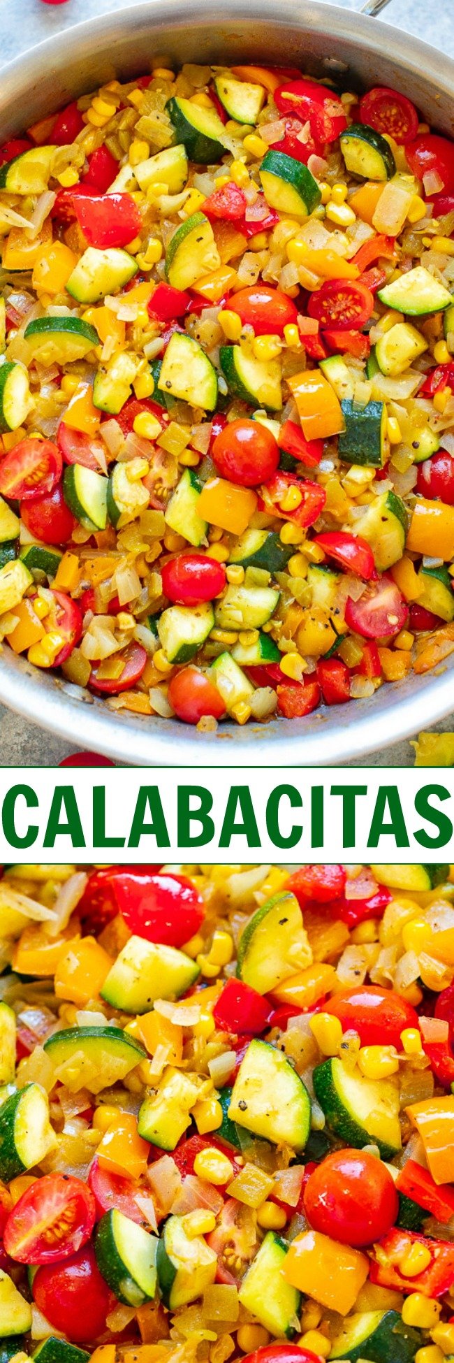 Skillet Zucchini, Corn, and Peppers (Calabacitas) - An EASY Mexican-inspired recipe ready in 15 minutes with zucchini, corn, bell peppers, tomatoes, and green chiles!! HEALTHY, vegan, and naturally gluten-free! When there's an abundance of summer produce, this recipe is PERFECT!! 