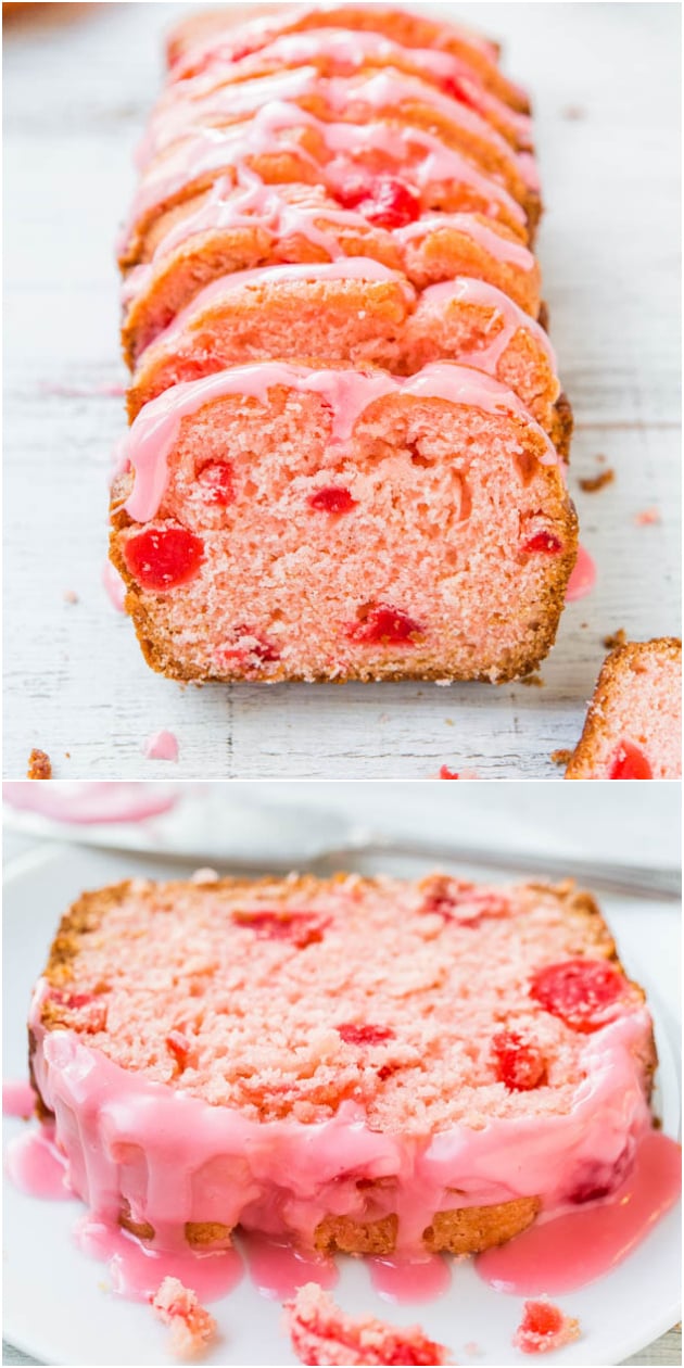 A sliced strawberry loaf cake with pink glaze on a white surface.
