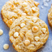 Coconut White Chocolate Cookies - Soft, chewy, and so moist thanks to the coconut and browned butter with the PERFECT amount of white chocolate!! If you like white chocolate, you will LOVE these spring and summery-tasting EASY cookies!!