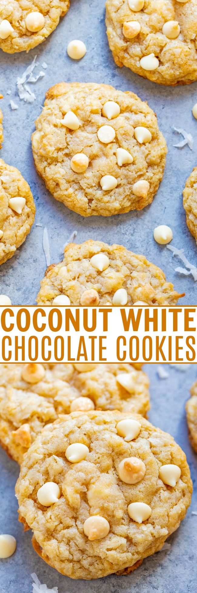 Coconut White Chocolate Chip Cookies - Soft, chewy, and so moist thanks to the coconut and browned butter with the PERFECT amount of white chocolate!! If you like white chocolate, you will LOVE these spring and summery-tasting EASY cookies!!