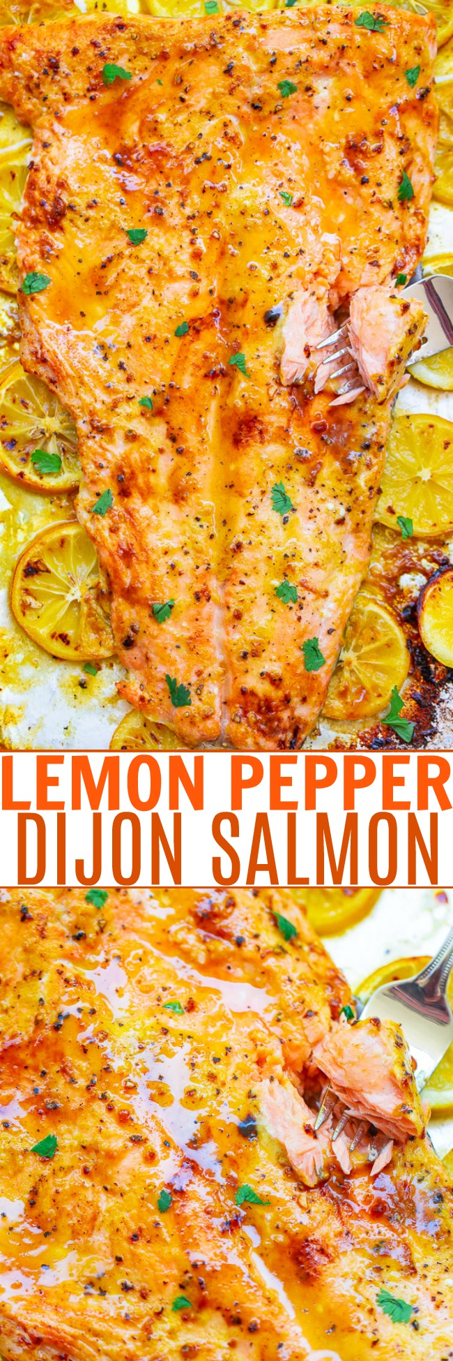 Baked Lemon Pepper Salmon — Juicy baked salmon at home in 20 minutes that’s so EASY and tastes BETTER than from a fancy restaurant!! The lemons, lemon pepper, and Dijon add so much rich FLAVOR to this FOOLPROOF sheet pan salmon!!