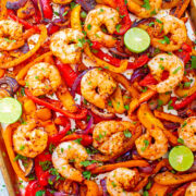 Sheet Pan Shrimp Fajitas - EASY, ready in 30 minutes, tastes AUTHENTIC, and made on ONE sheet pan to keep things simple – especially on busy nights!! You don't need to go out to a Mexican restaurant when you can make fajitas this GOOD and healthier at home!!