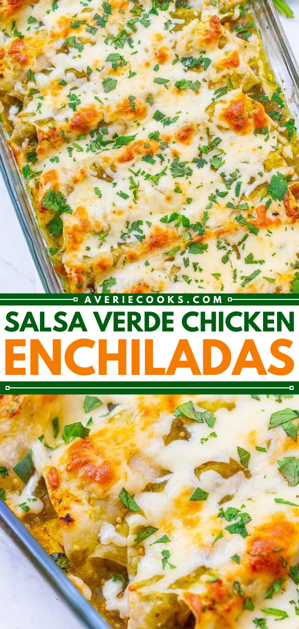 Salsa Verde Chicken Enchiladas — EASY juicy enchiladas with so much flavor from the salsa verde and TONS of melted CHEESE!! Ready in 30 minutes, are made with just a handful of ingredients, and will be an instant family favorite!!