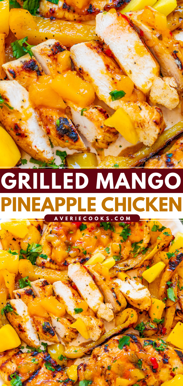 Grilled Pineapple Chicken — EASY, ready in 10 minutes, and the flavor of the juicy chicken makes you feel like you're on a TROPICAL island!! Grilled peppers on the side makes for the PERFECT summer meal that's HEALTHY and DELICIOUS!!