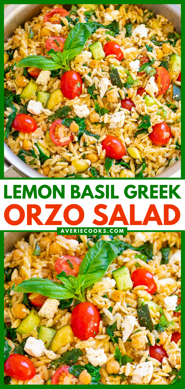 Lemon Basil Greek Orzo Salad — EASY, ready in 25 minutes, and lemon and basil give it such a FRESH taste!! Feeds a crowd, great for parties, picnics, and potlucks! Or perfect for meal prep weekday lunches and HEALTHY dinners!!