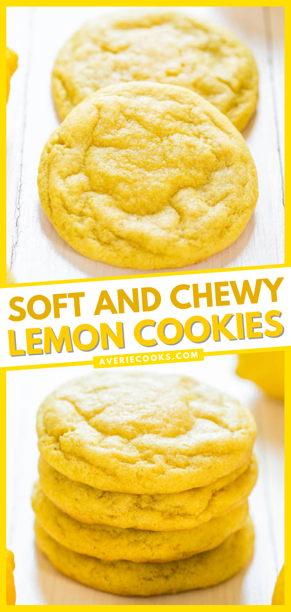Soft and Chewy Lemon Cookies — Packed with big, bold lemon flavor for all you lemon lovers! They're soft, chewy and not at all cakey!