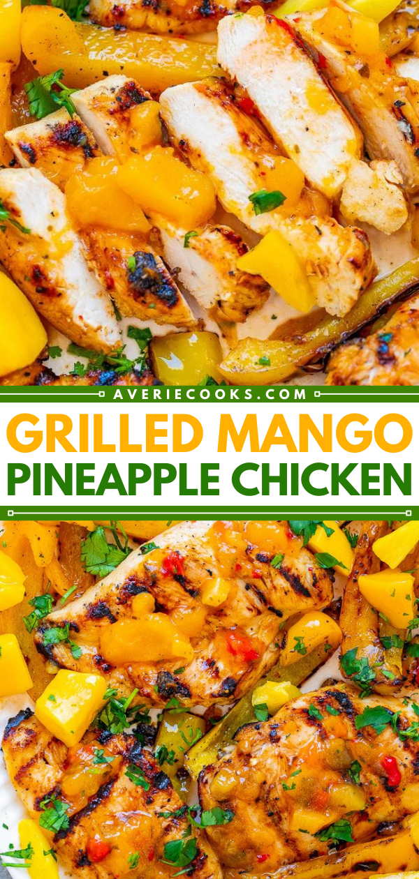 Grilled Pineapple Chicken — EASY, ready in 10 minutes, and the flavor of the juicy chicken makes you feel like you're on a TROPICAL island!! Grilled peppers on the side makes for the PERFECT summer meal that's HEALTHY and DELICIOUS!!