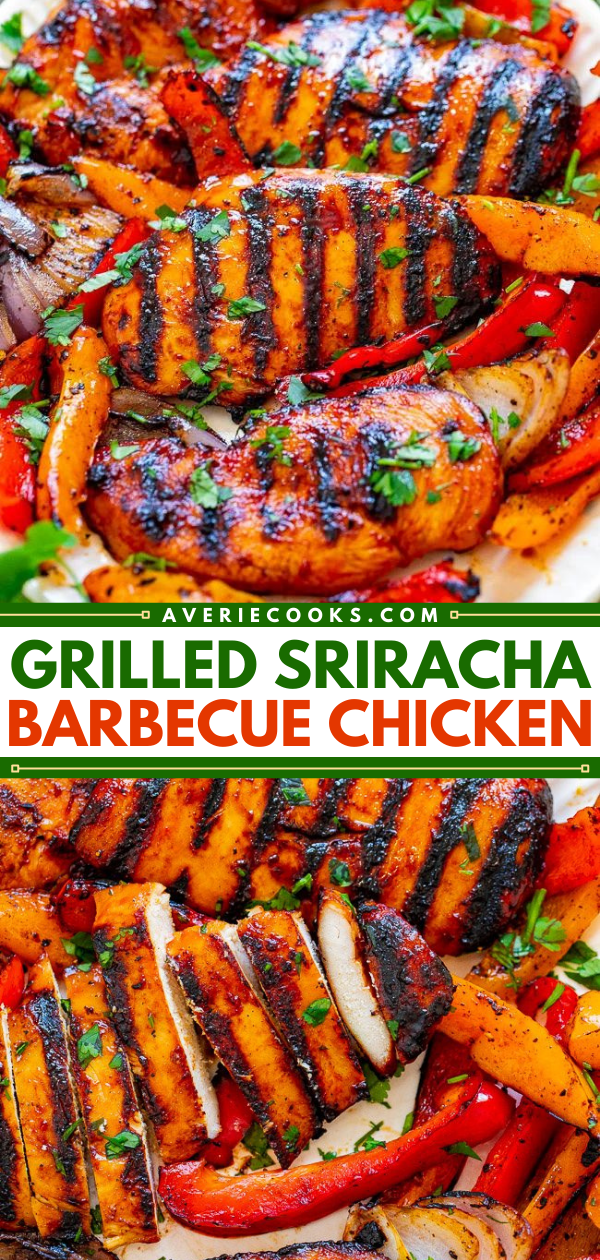 Grilled Sriracha Barbecue Chicken — EASY, ready in 10 minutes, and the chicken is just spicy enough with that perfect BBQ chicken flavor!! Grilled peppers on the side makes for the PERFECT summer meal that's HEALTHY and DELICIOUS!!
