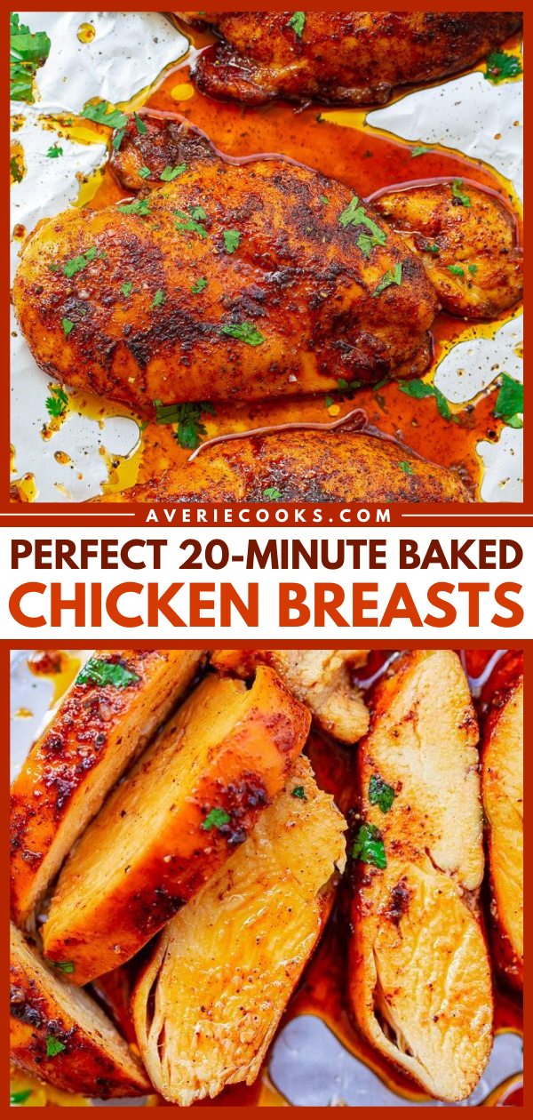 Perfect 20-Minute Oven-Baked Chicken Breasts — Super juicy, flavorful, EASY, and tender baked chicken breasts that are ready in 20 minutes and made on ONE sheet pan!! Nothing complicated or fussy about this PERFECT chicken that everyone LOVES!!