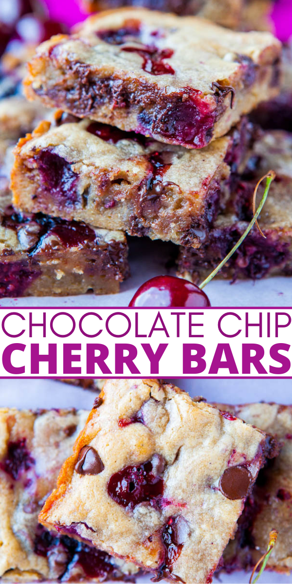Chocolate Chip Cherry Bars — These cherry bars use my favorite blondie base and turn out perfectly every single time! These bars are seriously so good and are a reader favorite! 