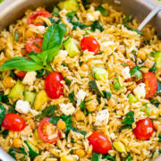 Lemon Basil Greek Orzo Salad in a pot.