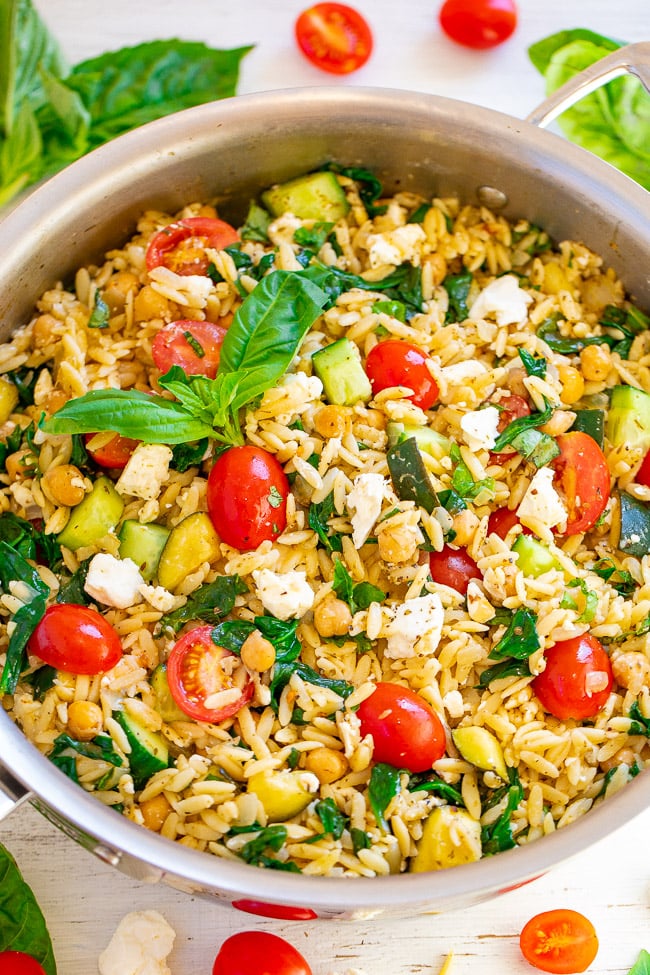 Lemon Basil Greek Orzo Salad – EASY, ready in 25 minutes, and lemon and basil give it such a FRESH taste!! Feeds a crowd, great for parties, picnics, and potlucks! Or perfect for meal prep weekday lunches and HEALTHY dinners!!