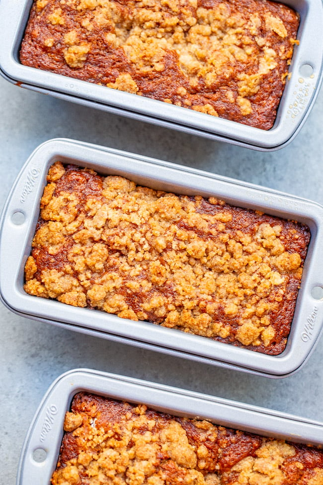 Cinnamon Sugar Banana Bread with Streusel Topping —Super SOFT tender banana bread that's impossible to resist!! The crispy, crumbly, streusel topping makes a good thing even BETTER!! An EASY no-mixer recipe and can be baked as one large loaf if you prefer!!
