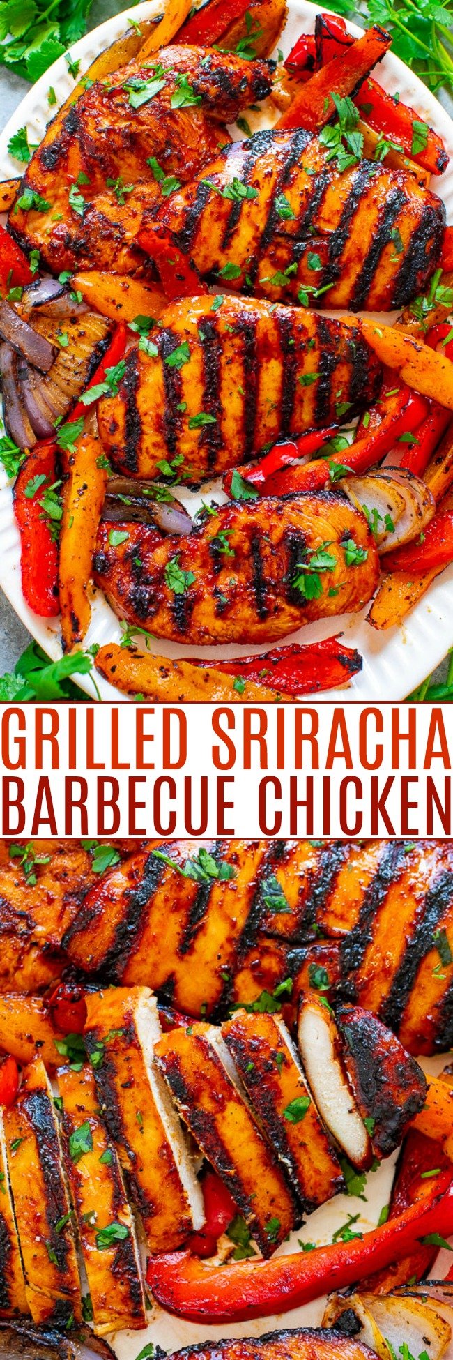 Grilled Sriracha Barbecue Chicken - EASY, ready in 10 minutes, and the chicken is just spicy enough with that perfect BBQ chicken flavor!! Grilled peppers on the side makes for the PERFECT summer meal that's HEALTHY and DELICIOUS!!