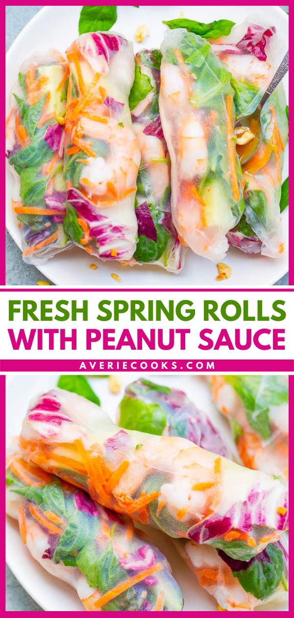 Fresh Spring Rolls with Peanut Sauce — Healthy rolls that taste just like your favorite Asian restaurant makes!! Fill them with your favorite veggies along with shrimp, chicken, or tofu - totally customizable! The homemade peanut sauce for dipping is AMAZING!!