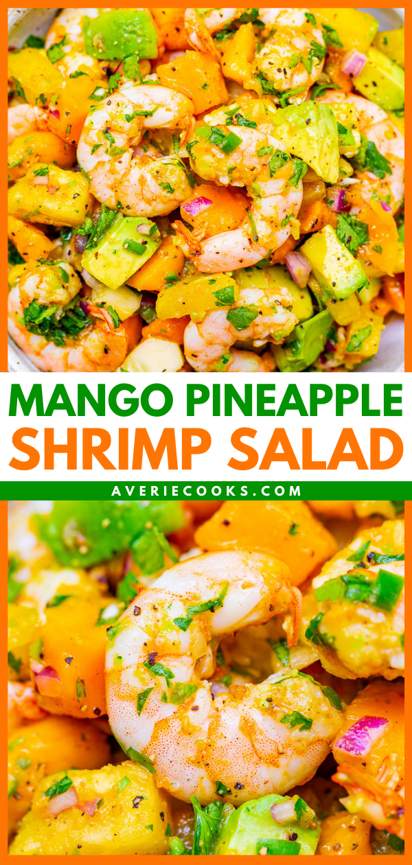 Avocado Mango Shrimp Salad — With tropical fruit, avocado, red onion, lime juice, cilantro, and plump JUICY shrimp, this EASY 15-minute recipe will become a new FAVORITE!! Healthy and light with an assortment of wonderful flavors in every bite!!