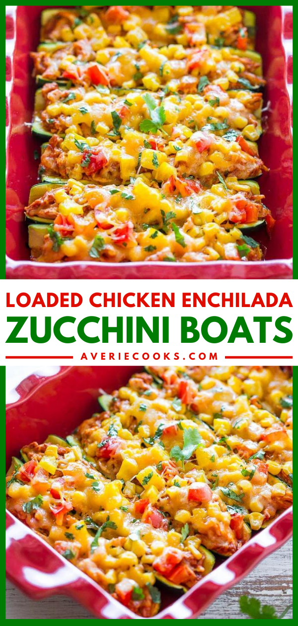 Chicken Enchilada Stuffed Zucchini Boats — Skip enchilada wraps and use zucchini instead!! Easy, healthier and there's so much FLAVOR between juicy chicken drenched in enchilada sauce, corn, peppers, and CHEESE!!