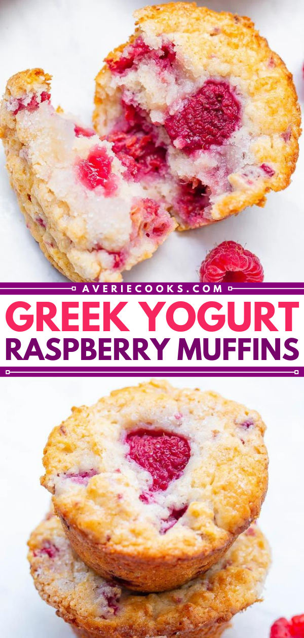 Greek Yogurt Raspberry Muffins — EASY, soft, fluffy muffins bursting with fresh raspberries!! So moist thanks to Greek yogurt in the batter! Not overly sweet and perfect with a cup of coffee or tea!! 