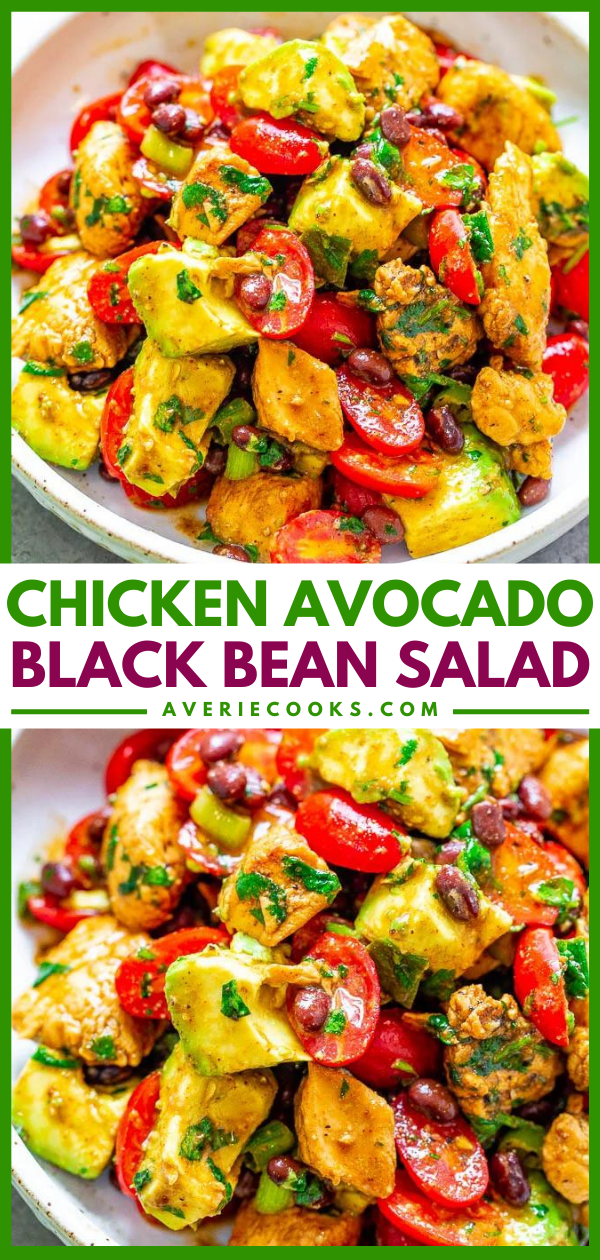 Chicken Black Bean Avocado Salad — A Mexican-inspired salad with tender chicken, black beans, creamy avocado, juicy tomatoes, cilantro, lime juice and more! EASY, ready in 20 minutes, HEALTHY, and packed with fiesta FLAVORS galore!