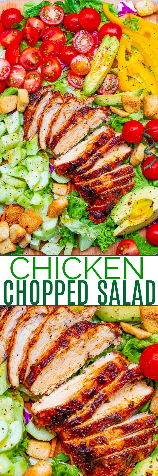 Chopped Chicken Salad — An EASY chopped salad with so much FLAVOR and CRUNCH topped with PERFECT juicy oven-baked chicken that's ready in 15 minutes!! Homemade honey apple cider vinaigrette adds the finishing touch!!