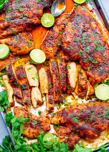20-Minute Baked Lime Cilantro Chicken Breasts – Super juicy, EASY, tender chicken that’s ready in 20 minutes and made on ONE sheet pan!! Bursting with robust Mexican-inspired lime cilantro flavors that will make this an automatic family FAVORITE!!