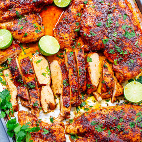 20-Minute Baked Lime Cilantro Chicken Breasts – Super juicy, EASY, tender chicken that’s ready in 20 minutes and made on ONE sheet pan!! Bursting with robust Mexican-inspired lime cilantro flavors that will make this an automatic family FAVORITE!!