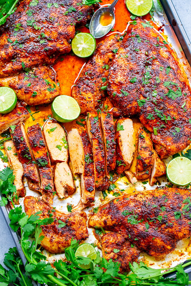 20-Minute Baked Lime Cilantro Chicken Breasts – Super juicy, EASY, tender chicken that’s ready in 20 minutes and made on ONE sheet pan!! Bursting with robust Mexican-inspired lime cilantro flavors that will make this an automatic family FAVORITE!!