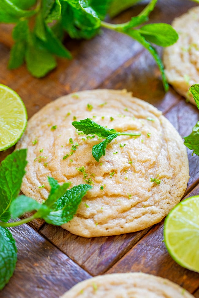Lime, Mint & Rum Cookies (aka Mojito Cookies!) — Super SOFT and chewy cookies that taste like you're drinking a mojito!! Who can say no to rum, mint, lime, and sugar? A unique cookie that's so GOOD and they're PERFECT for spring and summer parties of any kind!! 