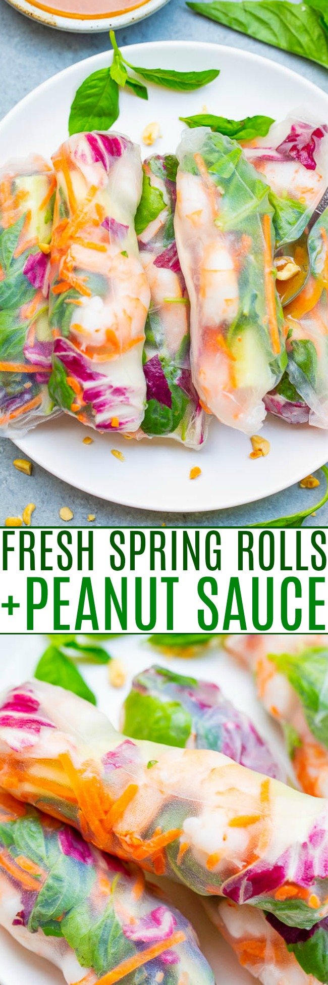 Fresh Spring Rolls with Peanut Sauce - Healthy rolls that taste just like your favorite Asian restaurant makes!! Fill them with your favorite veggies along with shrimp, chicken, or tofu - totally customizable! The homemade peanut sauce for dipping is AMAZING!!
