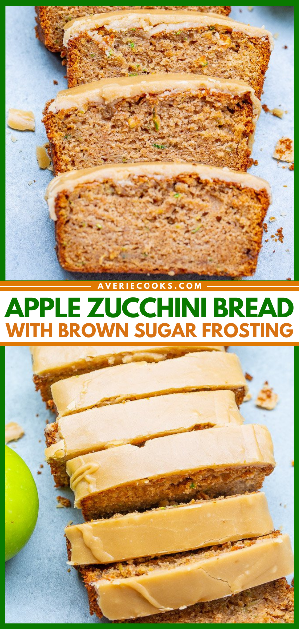 Apple Zucchini Bread with Brown Sugar Frosting — Super soft, moist, and topped with the BEST frosting ever!!  One bowl, no mixer, EASY recipe for the best apple zucchini bread that everyone LOVES!!