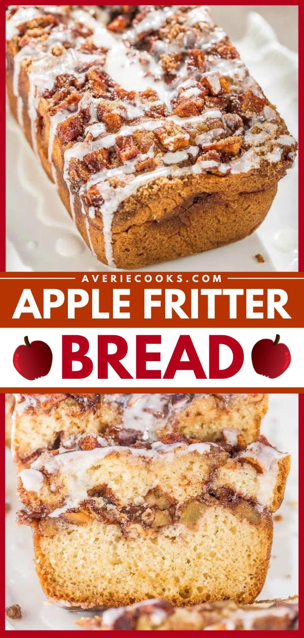 Apple Fritter Bread — Soft, fluffy bread that's stuffed AND topped with apples, cinnamon, and sugar!! Like apple fritters in bread form!! Best apple bread EVER!