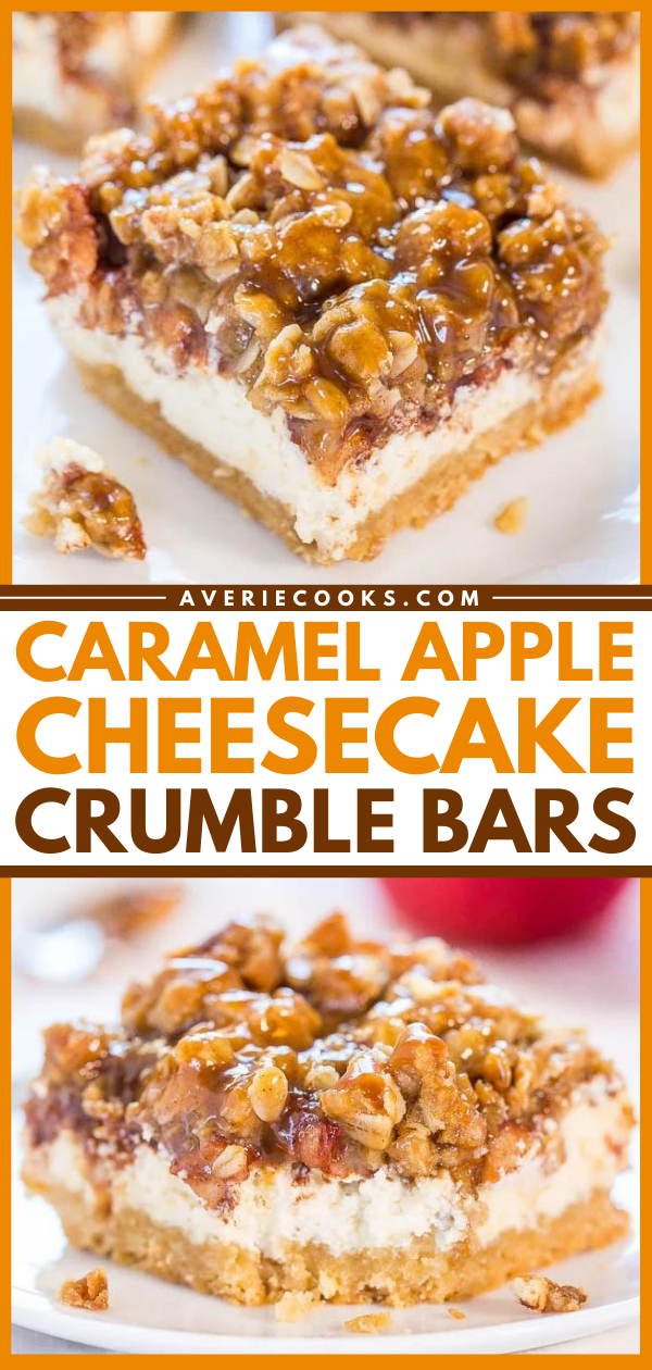 Caramel Apple Cheesecake Bars — These caramel apple cheesecake bars feature a buttery crust that's topped with cheesecake and spiced apples. After they're done baking, the bars are drizzled with salted caramel sauce!