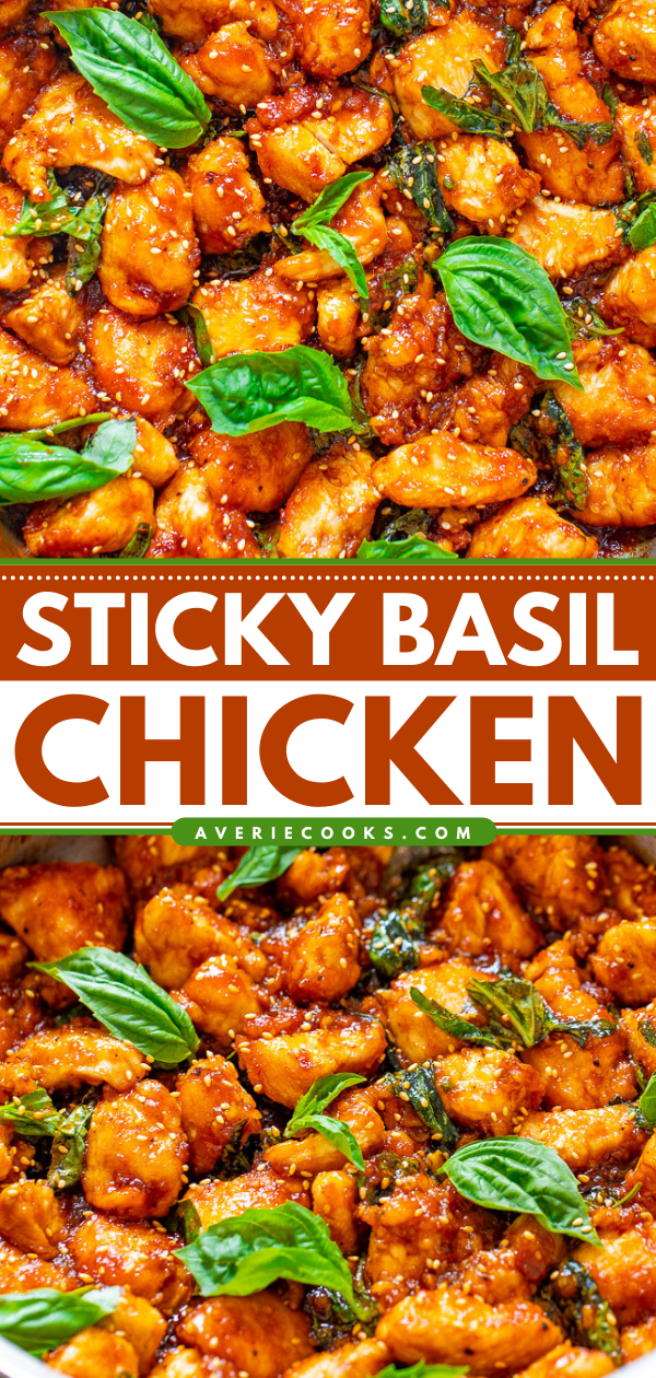 Sticky Basil Chicken — Skip takeout and make this AMAZING chicken that tastes like it's from an Thai restaurant at home in 15 minutes!! So EASY with the perfect balance of sweet, spicy, and plenty of fresh basil!!  