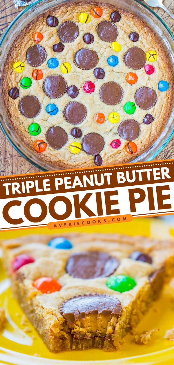Triple Peanut Butter Cookie Pie — This fast and easy cookie pie has peanut butter worked in three different ways. If you're a peanut butter lover, this pie is for you!