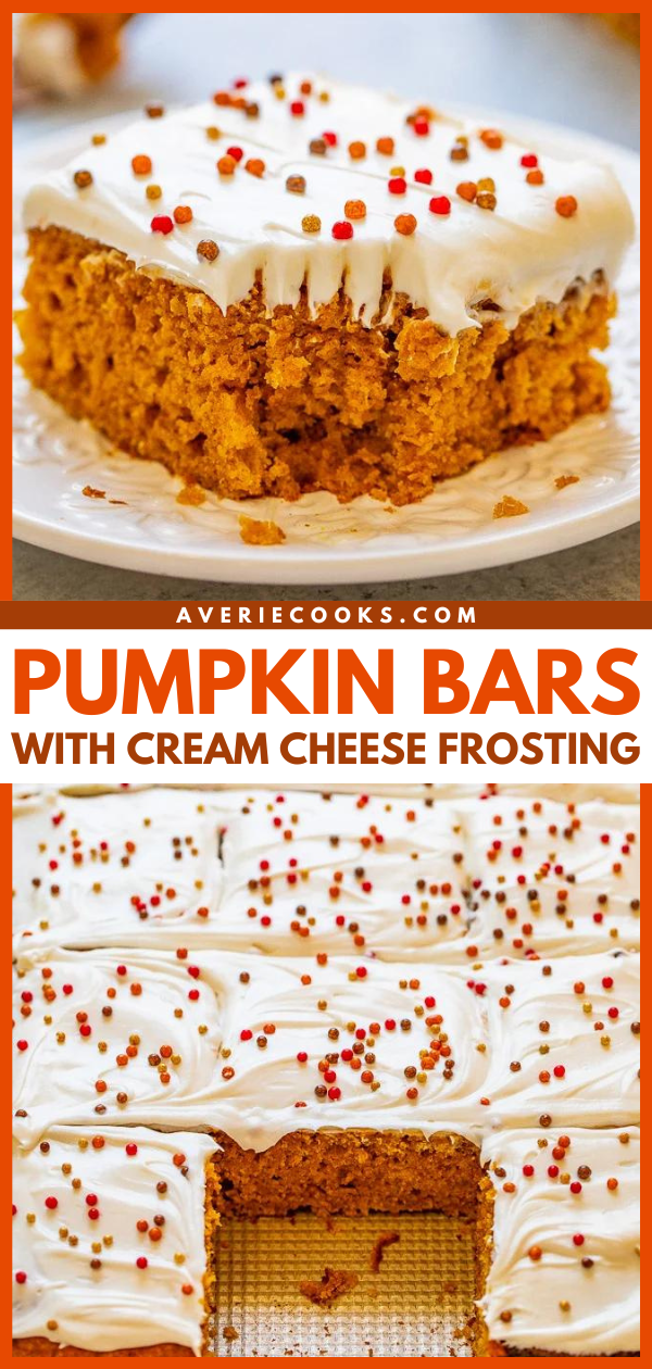 Pumpkin Bars with Cream Cheese Frosting — These super soft and moist pumpkin bars are the perfect EASY fall dessert!! Tangy cream cheese frosting is a wonderful complement to these perfectly pumpkin-spiced bars!!
