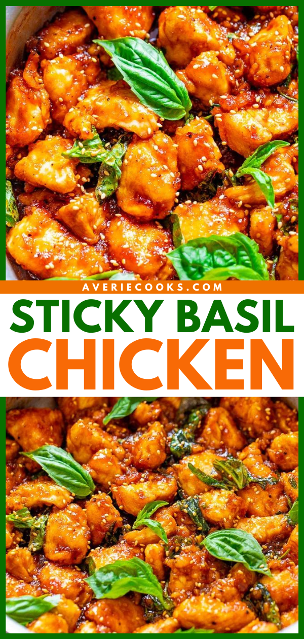 Sticky Basil Chicken — Skip takeout and make this AMAZING chicken that tastes like it's from an Thai restaurant at home in 15 minutes!! So EASY with the perfect balance of sweet, spicy, and plenty of fresh basil!!  