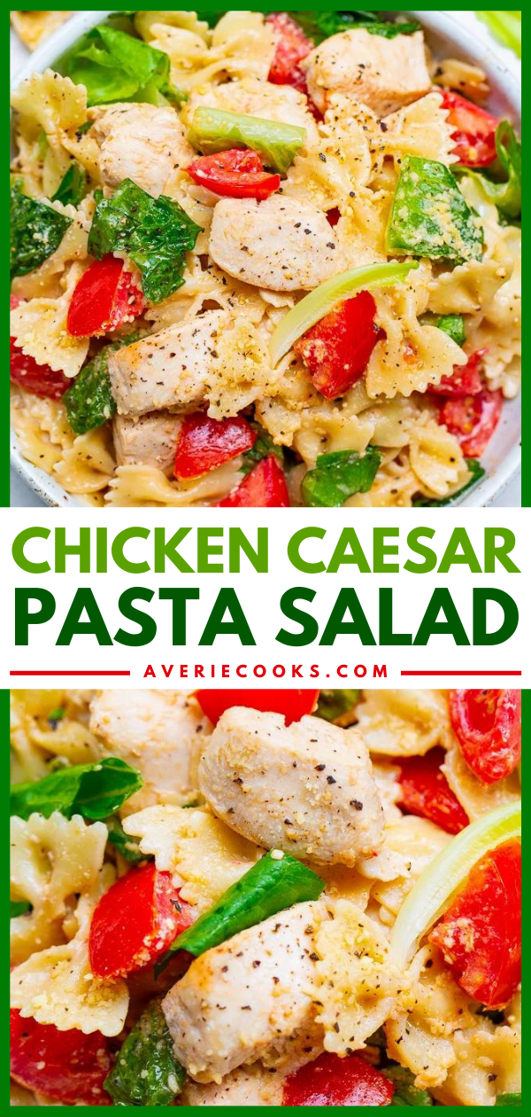 Chicken Caesar Pasta Salad — The BEST version of a chicken Caesar salad because there's tender pasta, too!! EASY, ready in 20 minutes, makes a big batch, and a guaranteed family FAVORITE!! 