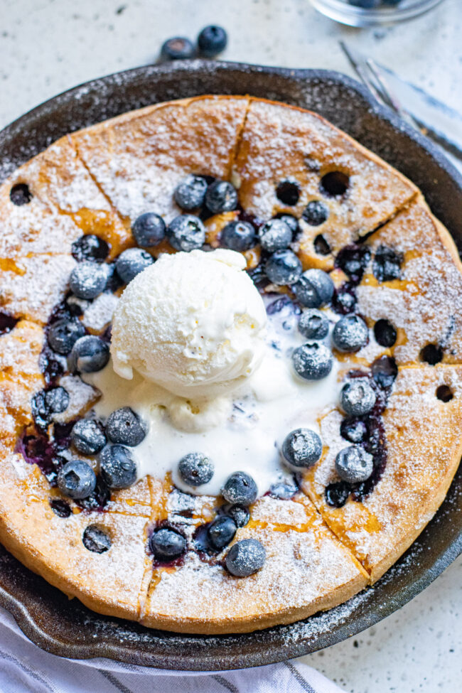 Pumpkin Blueberry Dutch Baby Pancake – One big oven-baked pancake so there’s nothing to stand around waiting to flip!! The batter is made in the blender making this the EASIEST pancake ever! Gluten-free and dairy-free options provided!!
