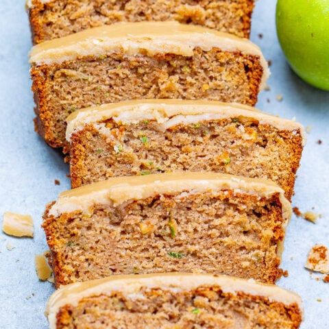 Apple Zucchini Bread with Brown Sugar Frosting -  Super soft, moist, and topped with the BEST frosting ever!!  One bowl, no mixer, EASY recipe for the best apple zucchini bread that everyone LOVES!!