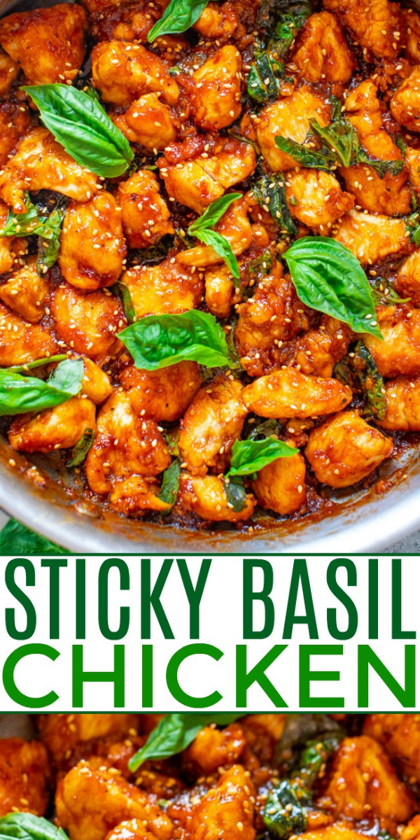 Sticky Basil Chicken — Skip takeout and make this AMAZING chicken that tastes like it’s from an Thai restaurant at home in 15 minutes!! So EASY with the perfect balance of sweet, spicy, and plenty of fresh basil!! 