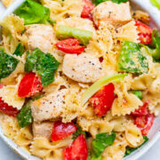 Chicken Caesar Pasta Salad in a bowl.