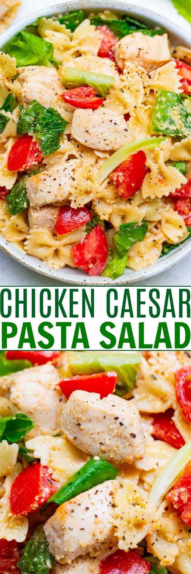 Chicken Caesar Pasta Salad - The BEST version of a chicken Caesar salad because there's tender pasta, too!! EASY, ready in 20 minutes, makes a big batch, and a guaranteed family FAVORITE!! 