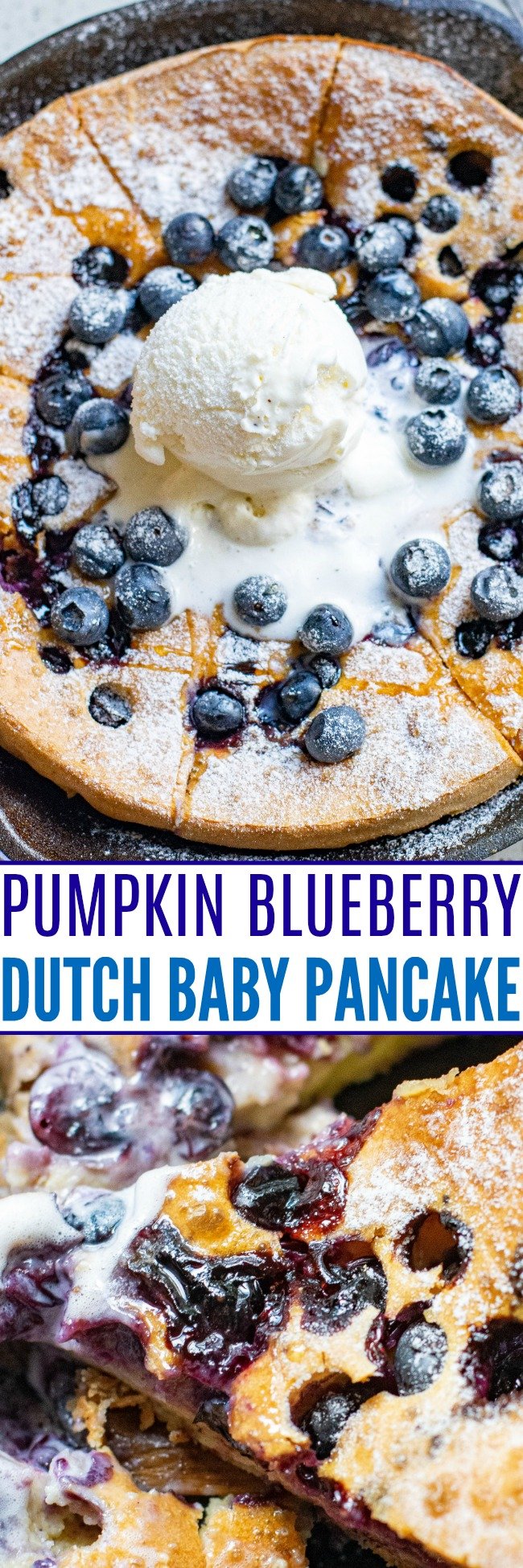 Pumpkin Blueberry Dutch Baby Pancake - One big oven-baked pancake so there's nothing to stand around waiting to flip!! The batter is made in the blender making this the EASIEST pancake ever! Gluten-free and dairy-free options provided!!