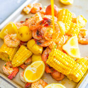 Shrimp Boil – Juicy and succulent large shrimp along with corn and potatoes, all drenched in the most heavenly horseradish butter!! There’s the option to make your own homemade and ultra flavorful stock for the boil or use store bought stock as a shortcut! Either way, this is a finger lickin’ amazing meal!!
