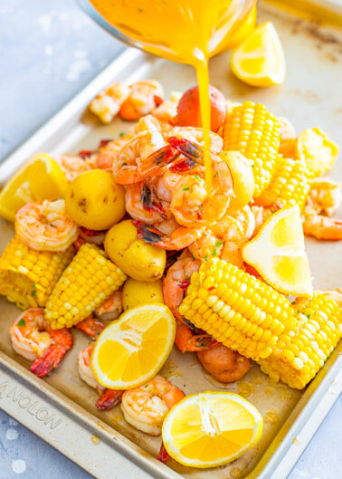 Shrimp Boil – Juicy and succulent large shrimp along with corn and potatoes, all drenched in the most heavenly horseradish butter!! There’s the option to make your own homemade and ultra flavorful stock for the boil or use store bought stock as a shortcut! Either way, this is a finger lickin’ amazing meal!!