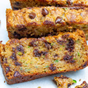 The Best Zucchini Bread - Super moist, tender, loaded with chocolate chips, and so EASY to make!! One bowl, no mixer, and THE BEST zucchini bread you'll ever try!!
